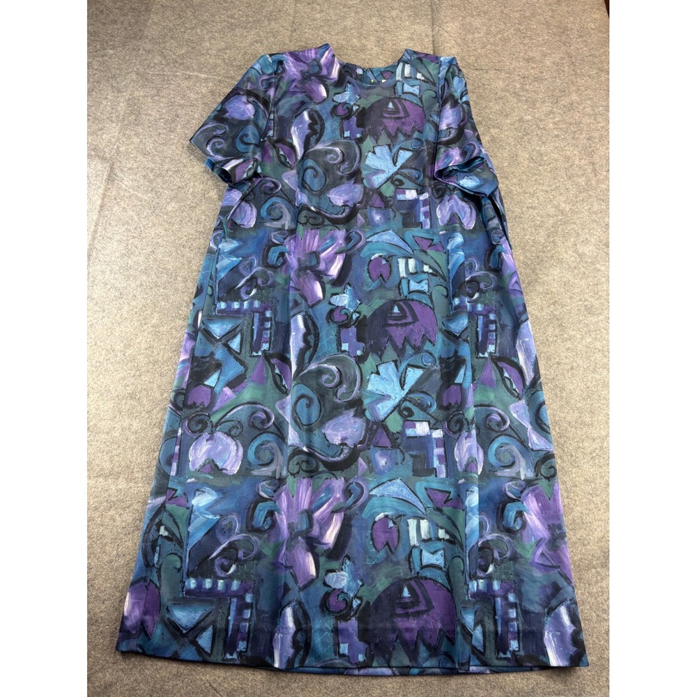 Nancy II VTG Abstract Floral Maxi Dress Purple Blue Women Plus 18WP Retro Artsy